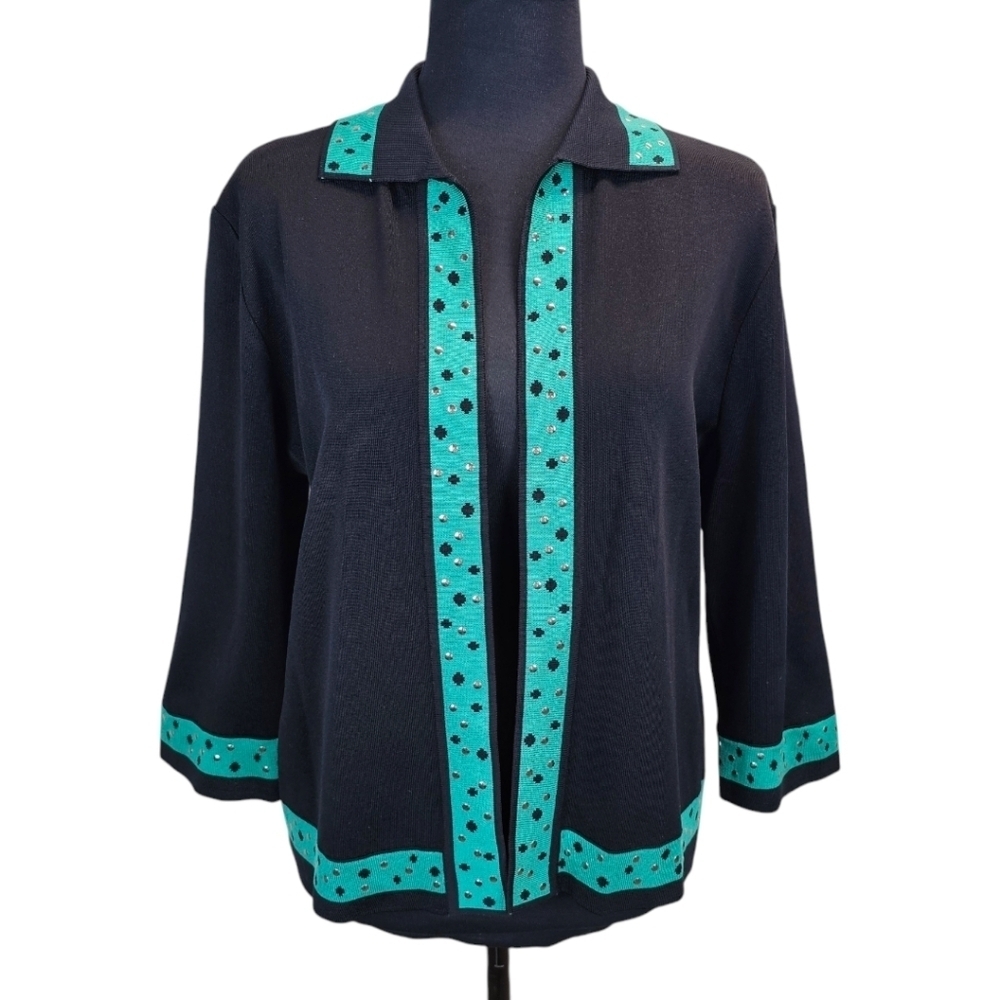 Ming Wang Black Knit Open Cardigan M Turquoise Trim Rhinestone Classic Luxury